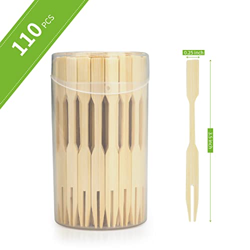 AMEILOZ Mini Bamboo Forks 3.5 Inches, Small Forks Dessert, Cocktail Forks, Double Prong Toothpicks for Appetizer, Disposable Wooden/Wood Food Picks for Charcuterie Board Accessories. 110 PCS