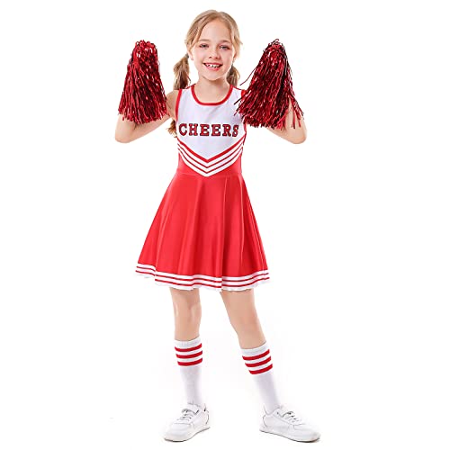 Nenahot Girls Cheerleader Costume Uniform Cheerleading Outfits for Kids Cheerleader Fancy Dress with Socks Pom Poms