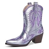 HOCHFART Cowgirl Boots For Women Embroidered Pointed Toe Western Boot Chunky Low Heel Pull-On Short Cowboy Boots Wide Calf Country Ankle Booties, Lavender, Size 8