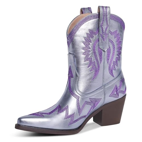 Image of HOCHFART Western Boots for Women Metallic Embroidered Pointed Toe Cowgirl Boots Chunky Heel Pull-On Short Cowboy Boots Wide Calf Country Ankle Boots