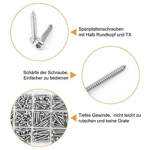 VIGRUE 405 Stück Schrauben Set Rundkopf M3 M3.5 M4, TX Holzbauschrauben aus Edelstahl A2, Blechschrauben Linsenkopf Mit… – Bild 4