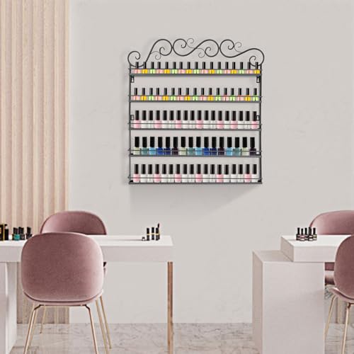 Image of 5-Tier Wall Mount Nail Polish Rack, Black Metal Storage for 100-120 Bottles | Protective Strips | Cosmetic & Essential Oil Storage Shelf Display Organizer | For Home Salon, Spa Shops & Vanity