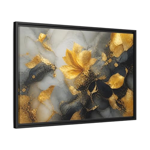 Décoration murale fleur dorée abstraite haut de gamme avec cadre noir de 3 cm d'épaisseur