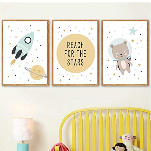 Toile Ours Rocket Décoration Chambre Enfant - Créez un Ciel Étoilé Mur Art 50x70cm