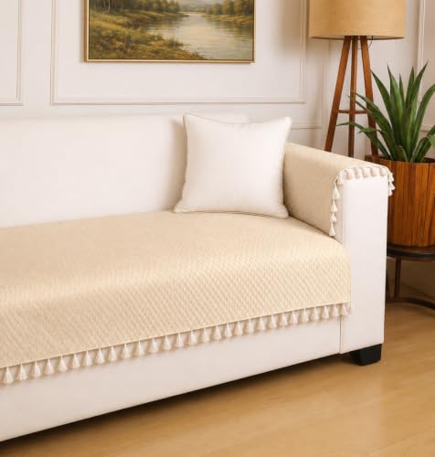 Image of Roseate Quilted Velvet Sofa Cover with 2 Arm Cover (2 Seater / 48 inchx27) Sofa Protector for Living Room /Bedroom interiors (Beige) with Tassels