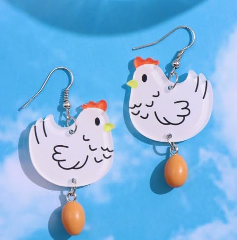 Fun Cartoon Chicken & Egg Acrylic Dangle Earrings kawai weird cute earrings
