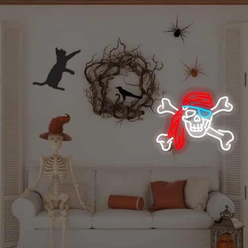 Image of Pirate Neon Lights Skull Neon Sign, USB Powered LED Decor | Halloween Wall Decor for Bedroom, Game Room, Bar, Party Decoration and Pirate Theme Gift