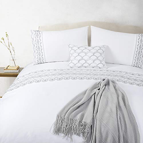 YINFUNG Bedding Double Bed Set White Cotton Duvet Cover Sets Geo Eyelet Embroidered Pattern Grey Bedding Luxury Quilt Cover with 2 Pillowcases (Grey White, Double 200x200 cm)