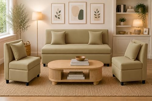 Image of 3+1+1 Modern Velvet Fabric Sofa Set for Living Room | Three Seater Sofa with 2 Single Seater Chairs | for Home, Office| Golden