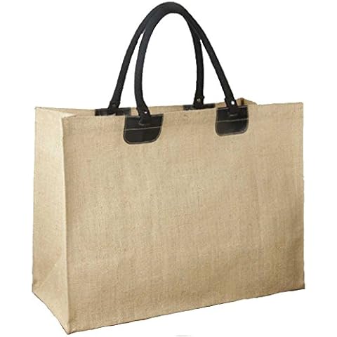 Large Laminated Jute Bag with Leather Accents and Interior Pocket 21"W x 14"H x 9" Bottom Gusset- CarryGreen Bags Cover