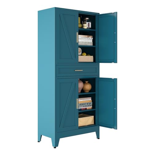 Image of Bevivog Tall Storage Cabinet with Drawers, Metal Pantry Cabinets with Doors and Shelves, 71 inch Bookshelf with 4 Doors, Freestanding Cupboard for Kitchen /Pantry /Living Room /Laundry