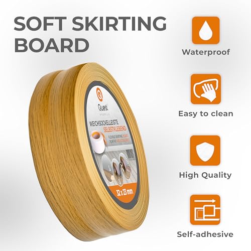 Quest Weichsockelleiste Selbstklebend, PVC Sockelleiste, Abschlussleiste - 32 mm x 23 mm - Flexible Knickleiste für Innenbereich, Wand, Boden - Dicht, Dekorativ - 5 Meter, Eiche