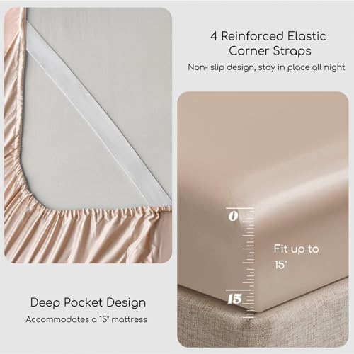 Image of MR&HM Satin Bed Sheets, Full Size Sheets Set, 4 Pcs Silky Bedding Set with 15 Inches Deep Pocket for Mattress (Full, Champagne)
