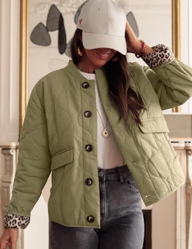 Kissonic Womens Quilted Lightweight Jackets Button Down Puffer Jacket Leopard Lined Bomber Coat with Pockets4