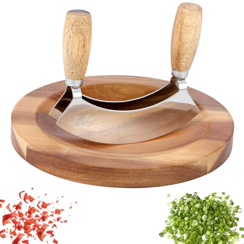 Mezzaluna Ulu Knife, Rocker Chopper Slicer Cutter with Round Cutting Board, Staniless Steel Mezzaluna Chopper, Double Blade Mezzaluna Knife, Rustproof Pizza Cutter Rocker Slicer Curved for Vegetable