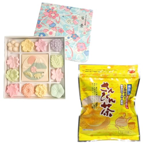 Baikodo Wasanbon Higashi Pressed-Sugar Sweets (和三盆 干菓子, assorted seasonal-shape gift box) — Hand-pressed in Higashikagawa from Sanuki's centuries-old fine-grained sugar [2026 Guide for International Readers] — 百景 さんぴん茶 finish