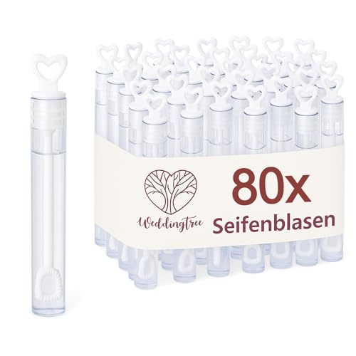 WeddingTree Seifenblasen Hochzeit 80 Stück in Weiß - mit Herzgriff - herzallerliebst für Hochzeit Taufe Geburtstag Goldene Hochzeit Verlobung Valentinstag Gastgeschenk Party