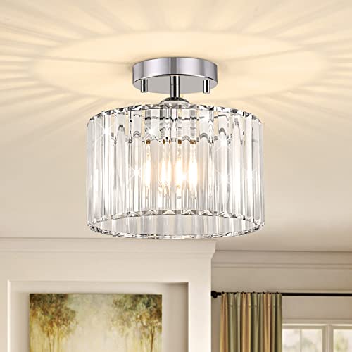 Tsmkledan Semi Flush Mount Ceiling Light, Modern Crystal Ceiling Light Fixture, 9.5 Inch Small Crystal Chandeliers For Living Room Hallway Bedroom Kitchen Porch Entryway With E26 Base, Silver #TOP12