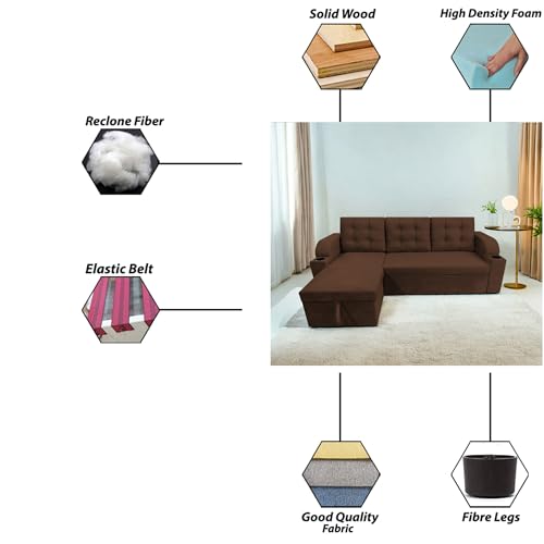 Image of Casaliving Grance LHS 4 Seater Corner Sofa Cum Bed for Living Room with Storage (Brown in Fabric) Premium Fabric Sofa