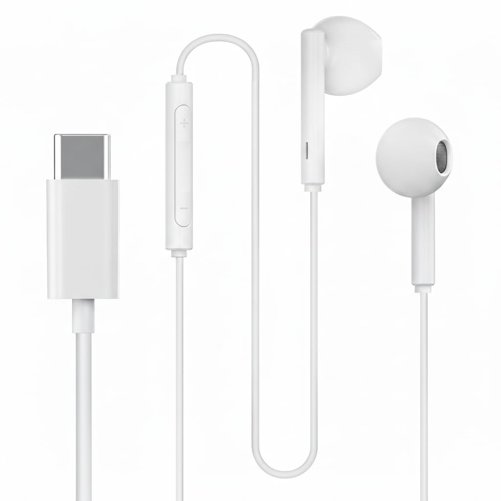 AUNO Type C Wired Earphones Compatible with iPhon 15/16/17 Series, Type-C Earphone with HD Mic, Deep Bass Stereo Sound, Noise Cancelling & Volume Control