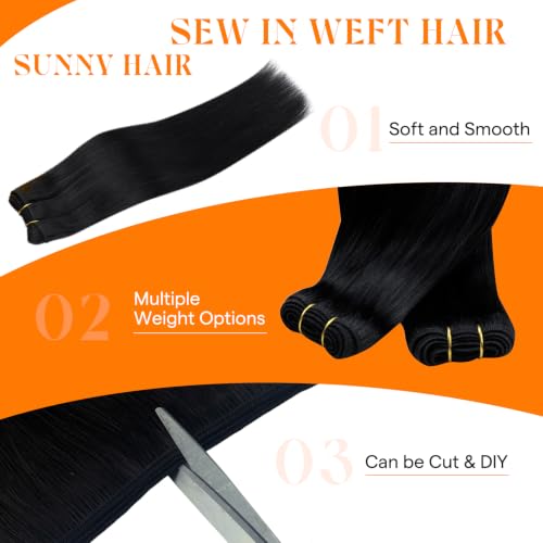 Image of Sunny Hair Sew in Hair Extensions Real Human Hair Black for Women | 12 Inch 70g, For Short Hair, All Day Wear, Lightweight Double Weft No Shedding, Perfect for Wedding, Frizz-Free