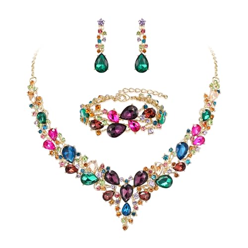 Ever Faith Wedding Bridal Jewellery Sets for Women, Sparkly Rhinestone Crystal Floral Teardrop Cluster Statement Necklace Dangle Drop Earrings Bracelet Set 3 Pcs Costume Jewelry Multicolor Gold-Tone