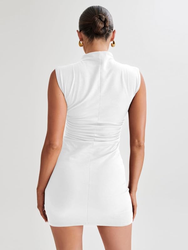 Vestito Donna Corto Sexy Bodycon Mini Abito Senza Maniche Scollo Alto Vestito Estivo da Sera Elegante Abiti con Increspato Casual Vestiti Aderente Curvy per Cocktail Discoteca Streetwear