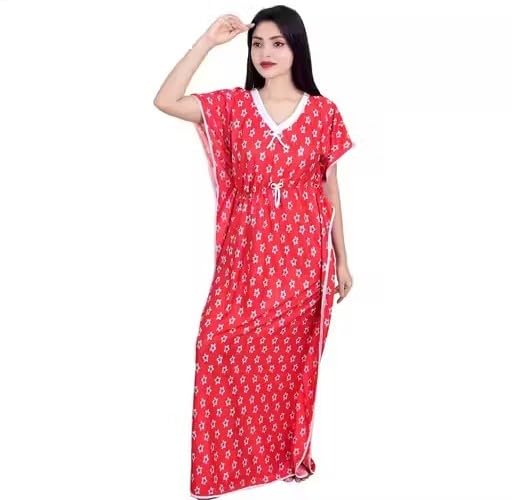 Women Nighty Fancy Pattern Comfortable Fit Night Dress Lightweight Fabric Home Gown Blue Free Size-image-0