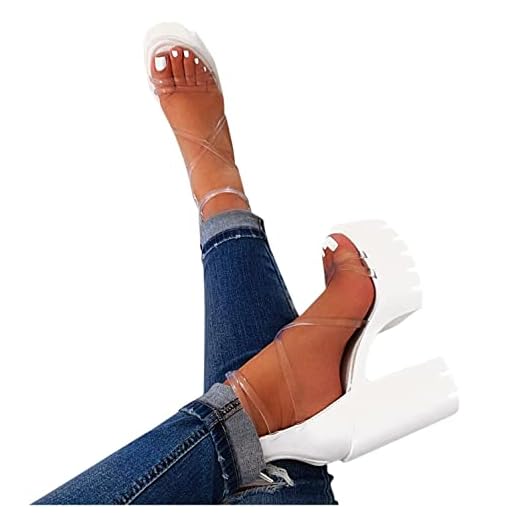 AIHOU Sandals for Women Open Toe Chunky Block High Heels Platform Sandals Casual Summer Strappy Wedge Womens Sandals White