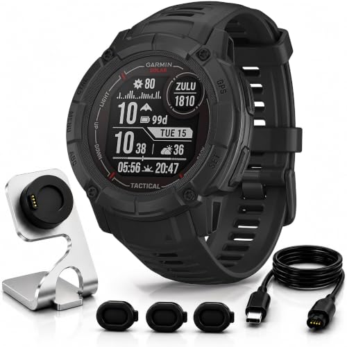 Garmin Instinct 2X Solar Tactical Edition Solar Charging Rugged GPS Smartwatch Built-in Flashlight Ballistics Calculator Black 010-02805-13 Bundle with Deco Essentials Charging Dock Kit