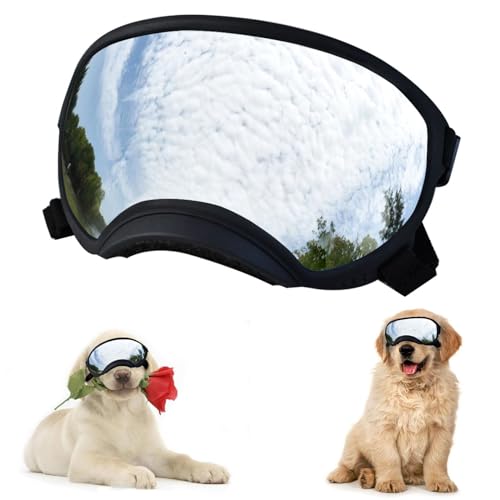 Soft Samll Hondenzonnebril, hondenbril voor groot ras, UV/Wind-/Stofbescherming, Winproof Hond Puppy Zonnebril, Huisdier Bril Oogkleding met Verstelbare Riem (Zwart Frame & Zilveren Lens/Large)