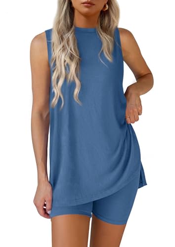 PRETTYGARDEN 2 Piece Sets for Women 2025 Summer Matching Lounge Shorts Set Resort Airport Travel Loungewear Outfits Clothing (Blue,Medium)