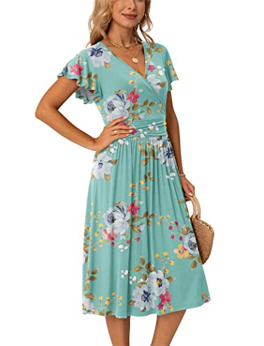 Image of GRECERELLE Spring Summer Dress for Women Casual Ruffle Short Sleeve Wrap V-Neck Dress