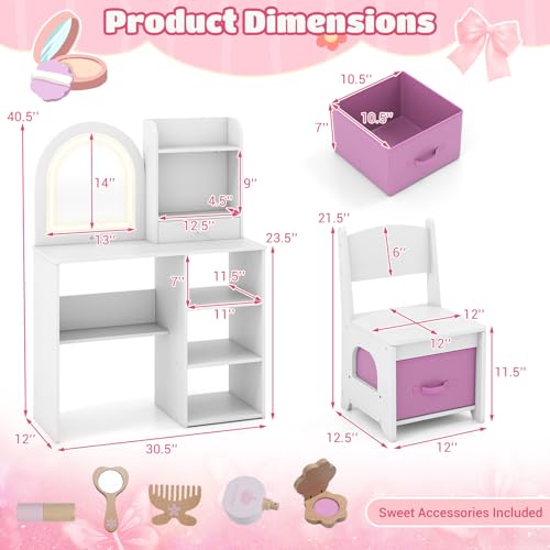Image of Costzon Kids Vanity with Lights, Girls Vanity Set with Mirror, Storage Drawer, Hooks & Shelves, Toddler Makeup Vanity Desk Dressing Table, Wooden Kids Vanity Table and Chair Set (White)