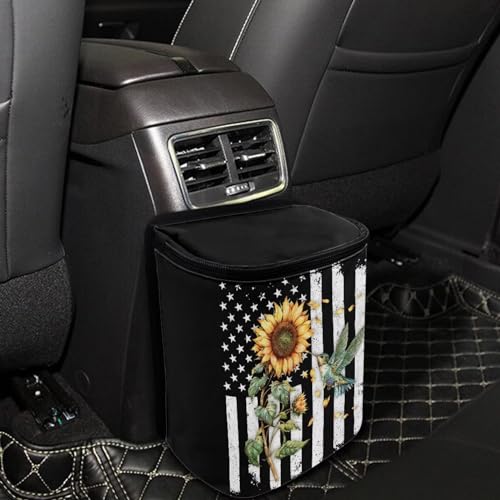 Image of Talayituse American Flag Sunflower Hummingbird Print Car Trash Can with Adjustable Straps, Foldable Car Trash Bag Bin Car Garbage Bag Multipurpose Storage Box for Vehicle Travel Camping Picnicing