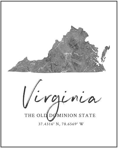 Virginia State Map Wall Art Print - 8x10 Silhouette Decor Print with Coordinates. Makes a Great Old Dominion State-Themed Gift. Shades of Grey, Black & White.