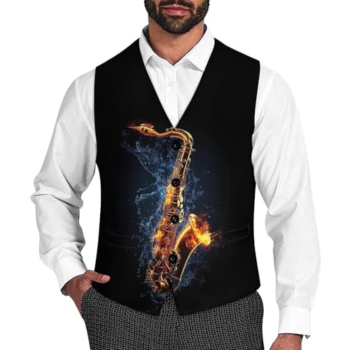 Saxophone Water Fire Men's Suit Vests Dress Vest V-Neck Waistcoat Slim Business Formal with Pocket