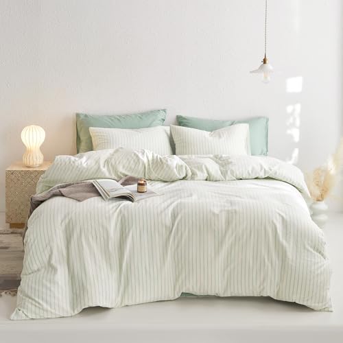 Image of Wake In Cloud - Striped Cotton Duvet Cover Set, Ticking Stripe Vertical Pinstripe Farmhouse, 100% Washed Cotton Textured Bedding Set, 3 Pieces, Aqua White, Full Size