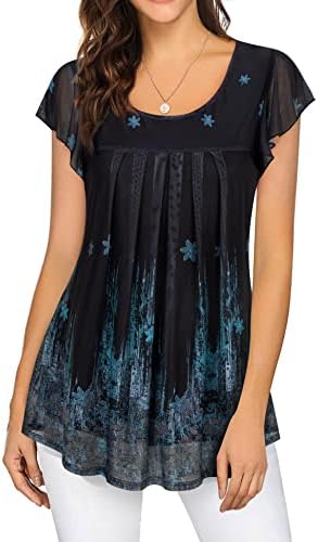 Furnex Dressy Blouses for Women Business Casual Short Sleeve Tunic Tops for Leggings Floral Tunics Plus Size Womens Blouse Pleated Mesh Layered Shirt for Women Maternity Tunic Black Blue Floral XXXL