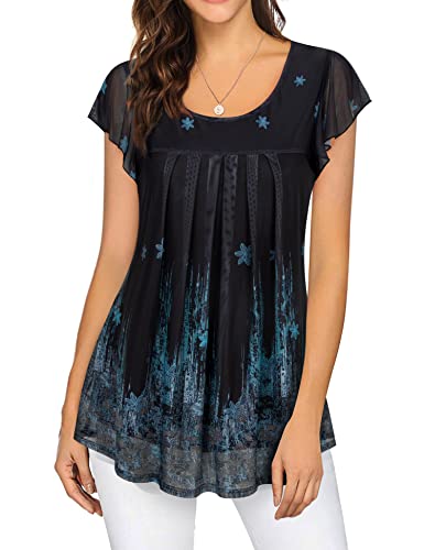 Furnex Dressy Blouses For Women Business Casual Short Sleeve Tunic Tops For Leggings Floral Tunics Plus Size Womens Blouse Pleated Mesh Layered Shirt For Women Maternity Tunic Black Blue Floral Xxxl #TOP6