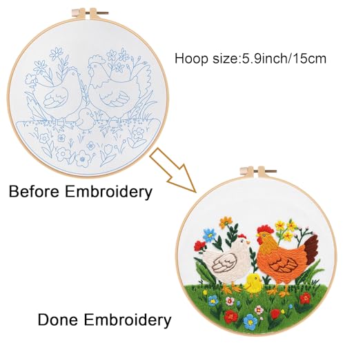 Image of Louise Maelys Funny Animal Embroidery Kits for Beginners,Cross Stitch Kit for Adults,DIY Needlepoint with Hen Rooster Chick and Flower Lawn Pattern