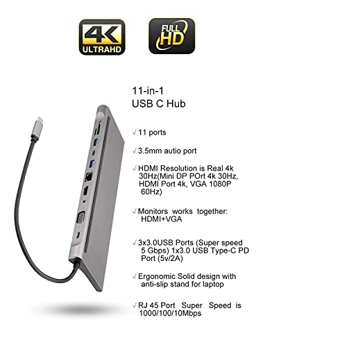 Image of Tobo USB C Hub,11 in 1 Type C to 4K HDMI Multiport Adapter Hub with RJ45 Ethernet Port, 87W Power Delivery, VGA, 3 USB 3.0, SD /TF Card Reader, 3.5mm Audio, Type C Multifunction 11in1 Hub TD-282TC