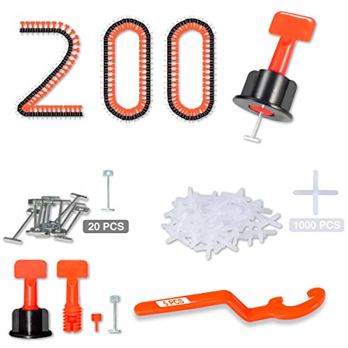 Tile Leveling System 1/16" Kit Reusable, 200pcs Tile Leveler Spacer with 1000pcs 2mm Tile Spacers, 5pcs Wrench and 20pcs 1/16" Replaceable Steel Pin
