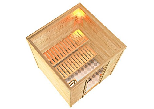 Woodfeeling 38 mm Massiv Sauna Ilya mit Dachkranz (Fronteinstieg)- für niedrige Räume-3