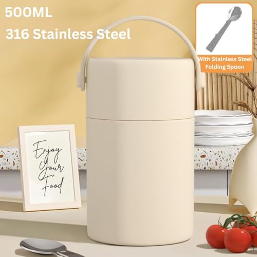 Image of 500ml Insulated Soup Container with Folding Spoon & Carry Handle | Leak-Proof Stainless Steel Food Jar | Keeps Food Hot 6 Hrs & Cold 10 Hrs | BPA-Free, Wide Mouth, Travel Lunch Box (White)