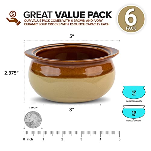 Stock Your Home French Onion Soup Crocks (6 Count) - 12 Ounce Oven Safe French Onion Soup Bowls - Two-Toned Brown & Ivory Ceramic Porcelain Soup Bowls #TOP1