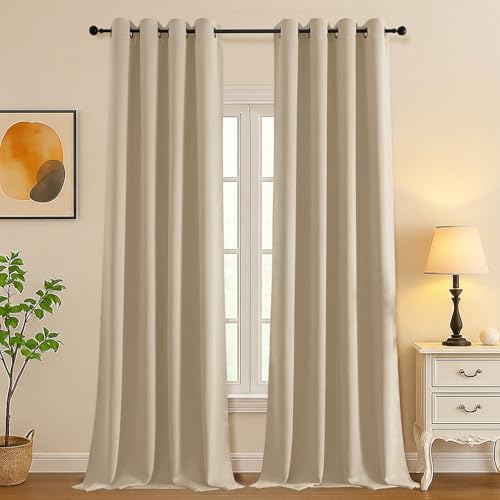 Image of Simplebrand Biscotti Beige Curtains for Bedroom Living Room 96 Inches Long 2 Panels Set, Room Darkening Thermal Insulated Curtains Drapes, Solid Grommet Noise Reducing Window Treatment, W50 x L96 Inch
