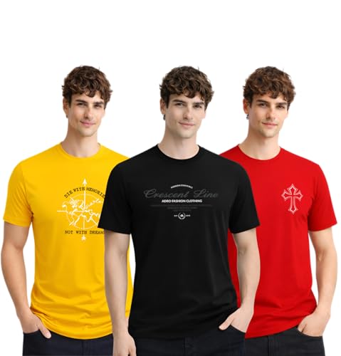 Image of ADRO Mens Printed Cotton T-Shirts Pack of 3 | Regular Fit Graphic Tshirt | Breathable Modern Stylish Casual T Shirt for Travel Gym Daily Lifestyle