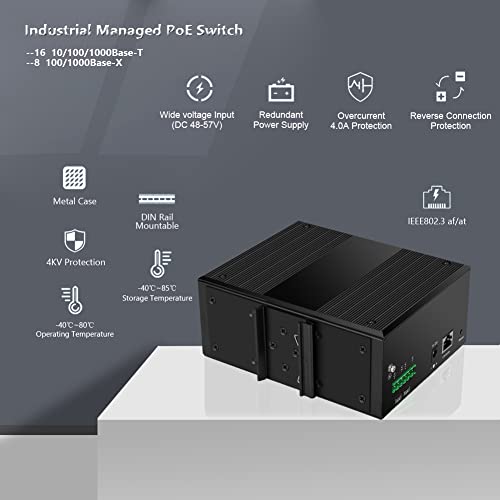 Image of Industrial Gigabit Managed PoE Switch - 16 Ports 10 /100 /1000Mbps Web Management DIN Rail PoE Switch with 8 SFP Slots, Network PoE Switch Support Ring Network, VLAN, STP, LACP, QOS