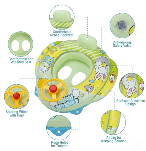 Image of Inflatable Baby Pool Float with Steering Wheel, Toddler Swim Ring Boat with Safety Seat & Leg Holes, Cute Airplane Water Toy for Infants & Kids Summer Outdoor Fun